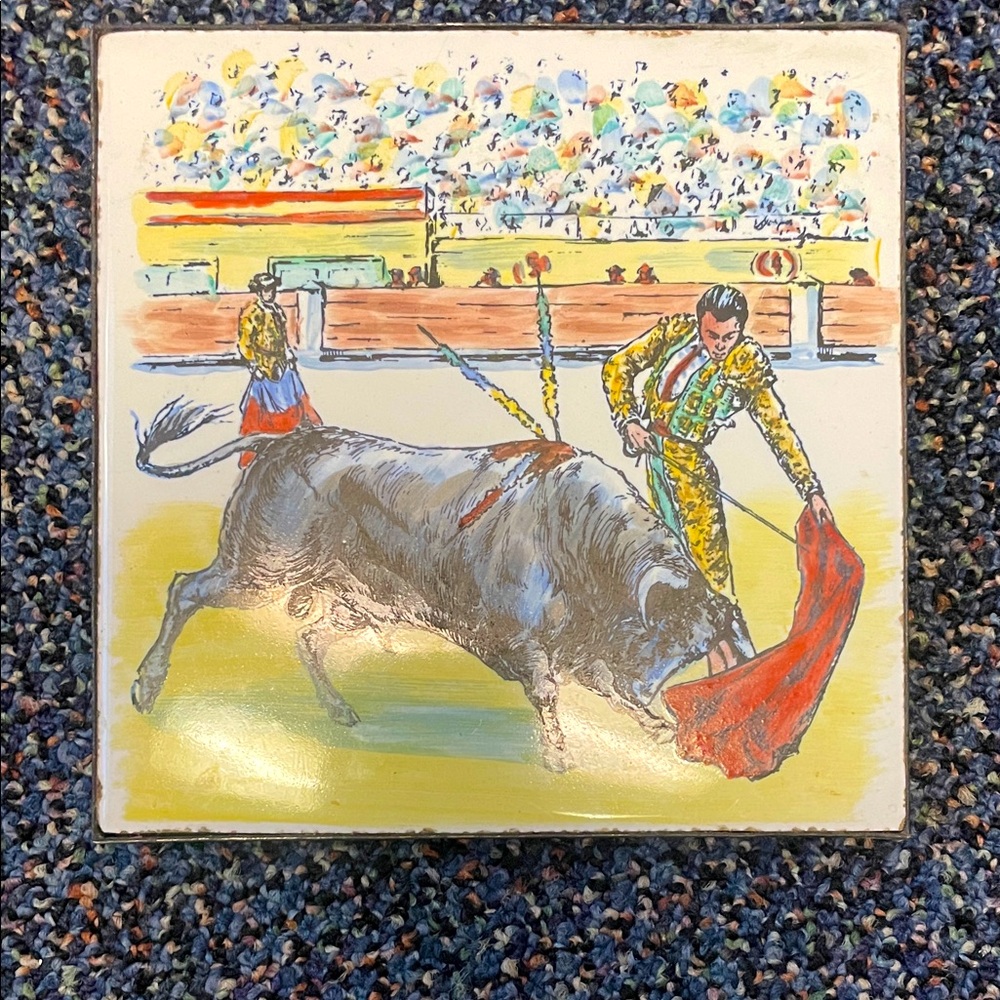 Vintage Azulejos (Spanish Ceramic Tile) Trivet with Colorful Bullfighting Scene